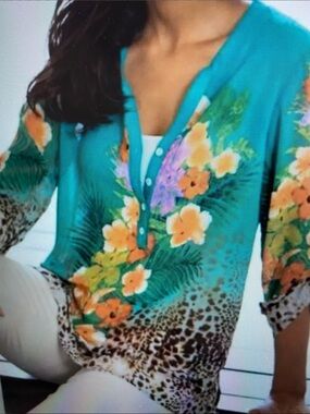 Soft Surroundings Tropical Floral and Leopard Print Sheer Pullover Blouse Top XL